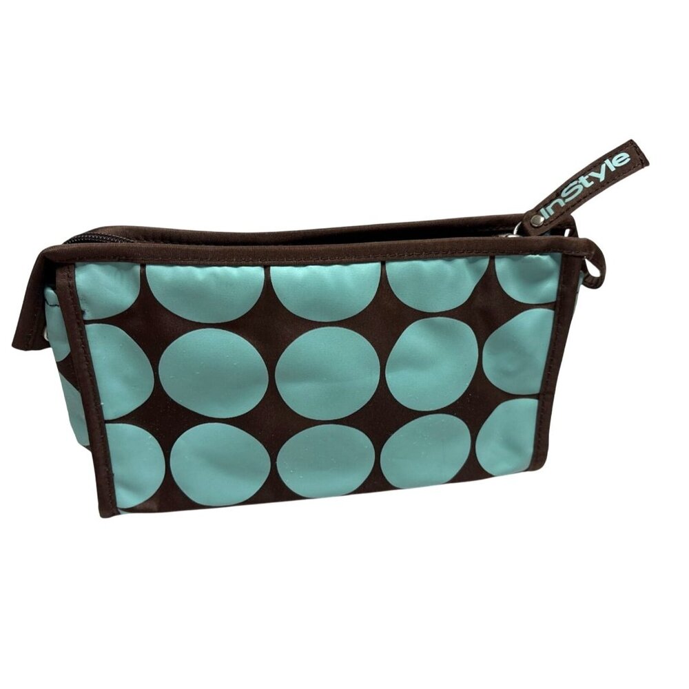 In Style Brown Blue Polka Dot Cosmetic Bag Zipper Closure Makeup Travel Pouch